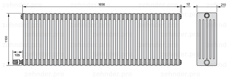 Схема (чертеж) Радиатор Zehnder Charleston 6110/36 №V003 Белый глянцевый RAL 9016